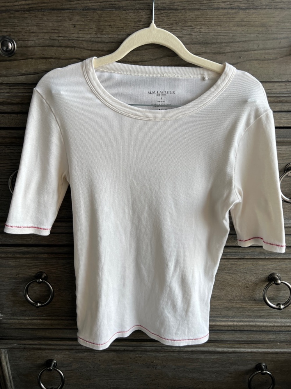 The Chana Fitted T-Shirt - Contrast Organic Ribbed Pima Cotton with Red Trim